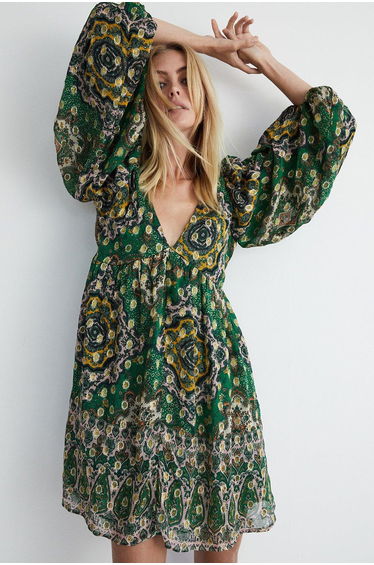 Sparkle Border Print V Neck Mini Dress