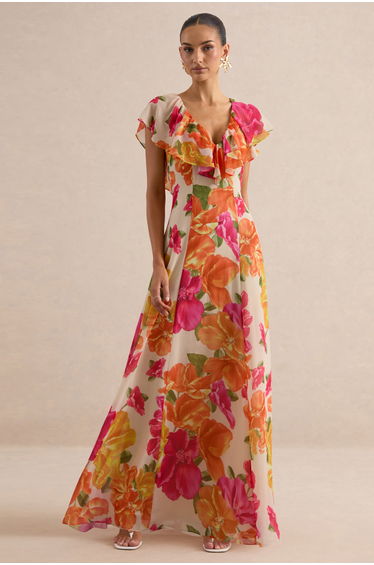 Naelle | Orange Floral Print Chiffon Plunge-Neck Maxi Dress With Ruffled Detailing