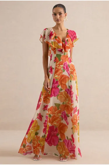 Naelle | Orange Floral Print Chiffon Plunge-Neck Maxi Dress With Ruffled Detailing