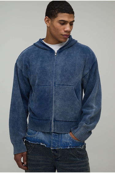 Boxy Fit Washed Effect Knitted Hoodie - blue