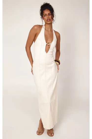 Ecru Gold Trim Plunge Detail Denim Maxi Dress