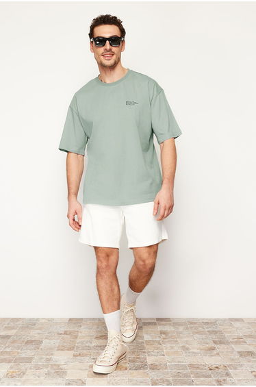 Dark Mint Oversize 100% Cotton Crew Neck Minimal Text Printed Tok Fabric T-Shirt