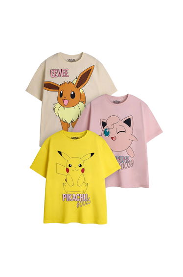 Pokemon Girls Pikachu Eevee & Jigglypuff T-Shirt (Pack of 3) - Multicoloured