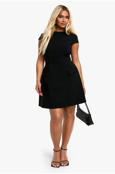 Plus Cap Sleeve Bengaline Skater Dress - black