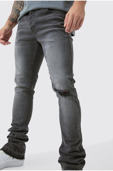 Skinny Stacked Flared Jeans With Knee Rip - charcoal
