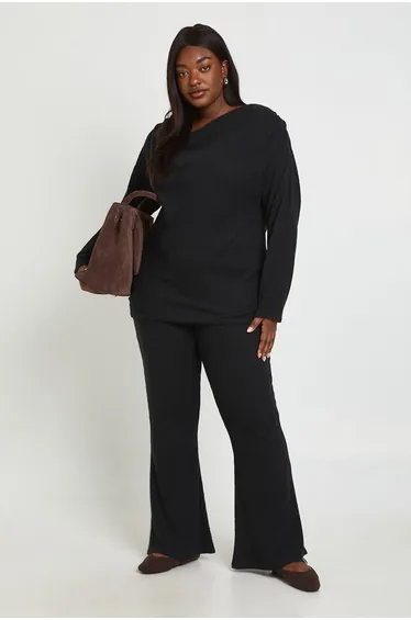 Plus Brushed Rib Ruched Shoulder Detail Top And Wide Leg Trousers - black