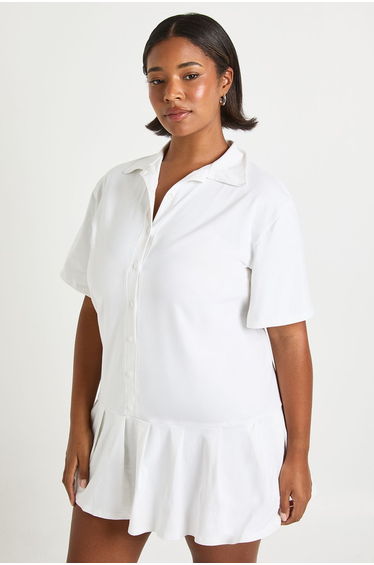 Plus Pleated Hem Skater Shirt Dress - white