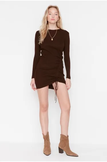 Brown Bodycon Mini Dress with Long Sleeves