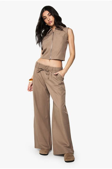 Woven Tailored Belted Wide Leg Trouser - taupe