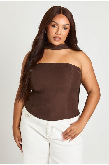 Plus Scarf Detail Bandeau Top - chocolate