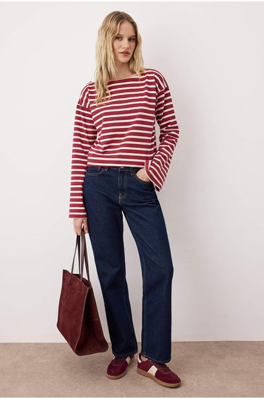 Burgundy Thick Cotton Striped Regular/Normal Pattern Knitted T-Shirt