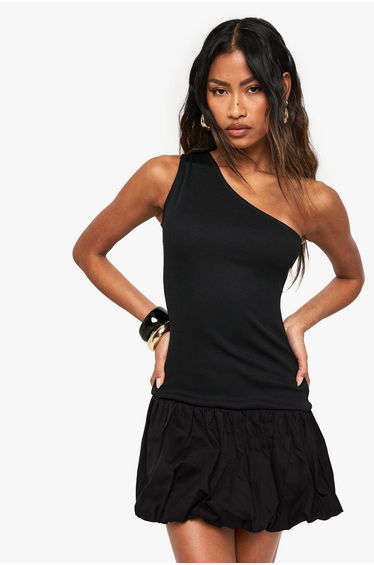 Jersey Rib Cotton Mix One Shoulder Puffball Mini Dress