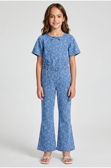 Floral Print Flared Denim Pants