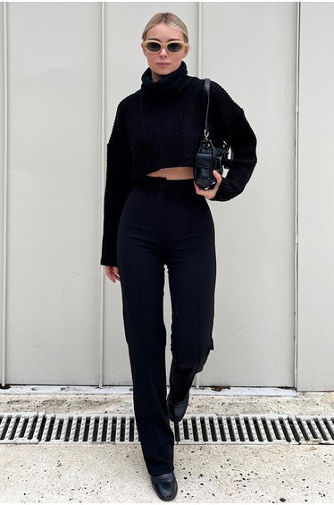 Black High Waist Grassy Lycra Casual Knitted Women's Trousers