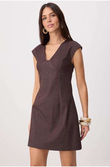 Brown V-Neck Short / Mini Woven Dress
