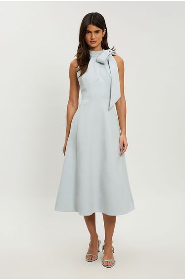 Petite Compact Stretch Bow Tie Neck Full Skirted Midi Dress