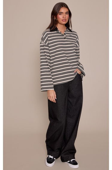 Multi Soft Rib Striped Detail Collared Long Sleeve Top