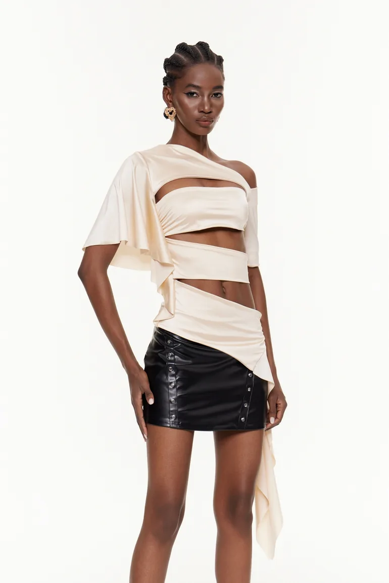 Deimne One Shoulder Cutout Satin Top - 6