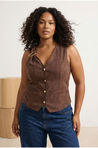 Brown Nubuck/Suede Plus Size Vest with Gold Accents