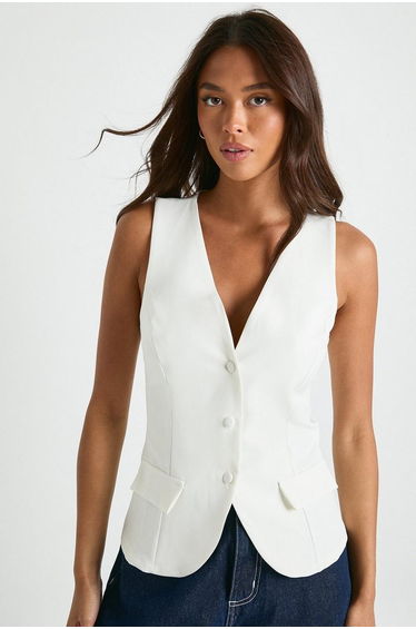 Button Trim Detail Tailored Waistcoat - ecru