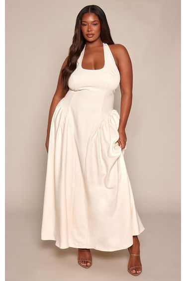 Plus Cream Square Neck Puff Maxi Dress