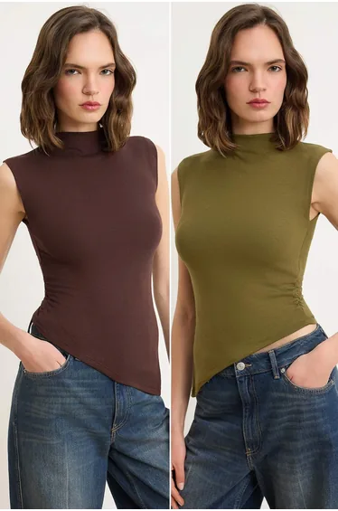Brown-Khaki 2-Pack Fitted/Asymmetrical Knitted Blouse