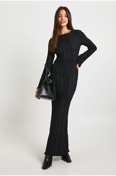 Textured Flare Sleeve Maxi Dress - black