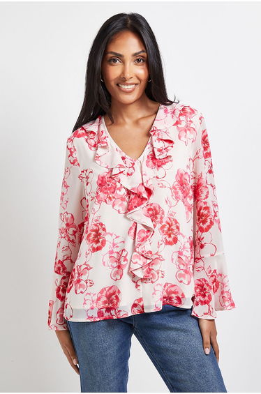 Petite Floral Print Ruffle Detail Blouse