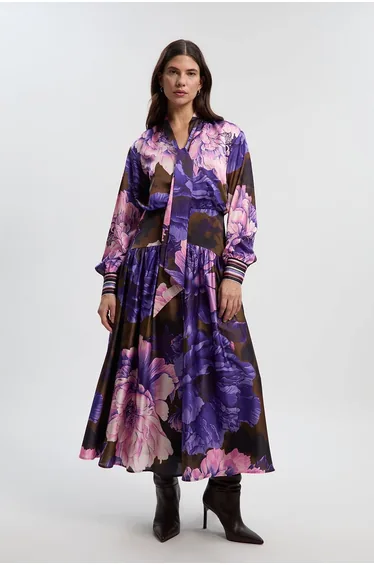 Petite Floral Print Hammered Satin Collared Woven Shirt Dress