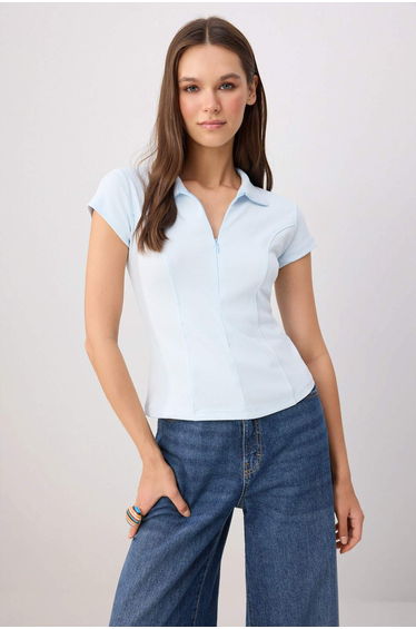 Open Fitted Polo Neck Short Sleeve Stretch Knitted Blouse