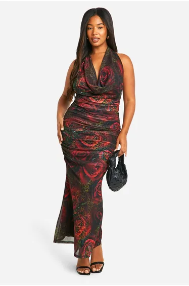 Plus Animal Floral Printed Halterneck Ruched Maxi Dress - leopard