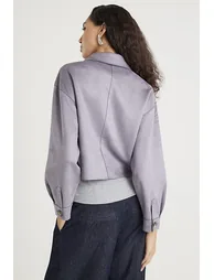 Blue Faux Suede Collared Overshirt - 3