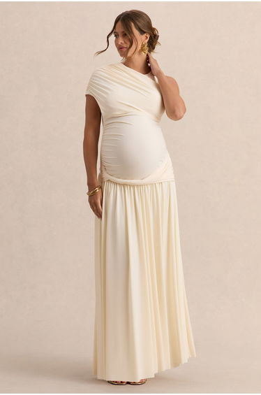 Naida | Cream Round-Neck Maternity Maxi Dress With Draped Detailing