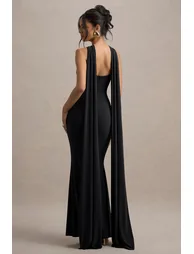 فستان كاب ماكسي بتصميم ملتف بياقة هالتر لون أسود - 2