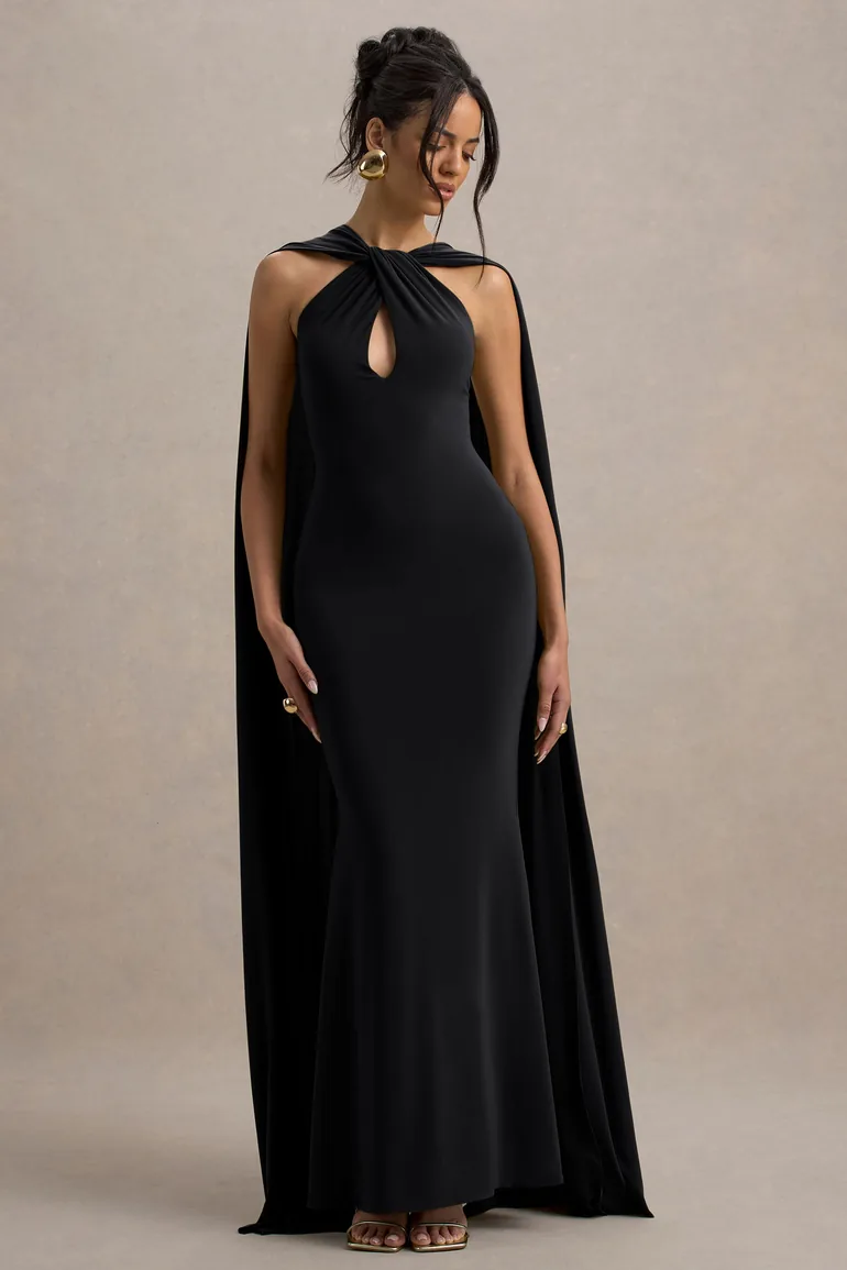 فستان كاب ماكسي بتصميم ملتف بياقة هالتر لون أسود