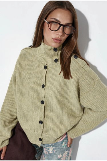 VIORNA Ribbed Half-Turtleneck Button Cardigan