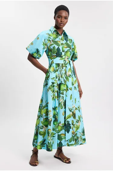 Lime Print Cotton Puff Sleeve Woven Midi Shirt Dress With Dropped Waist Detail