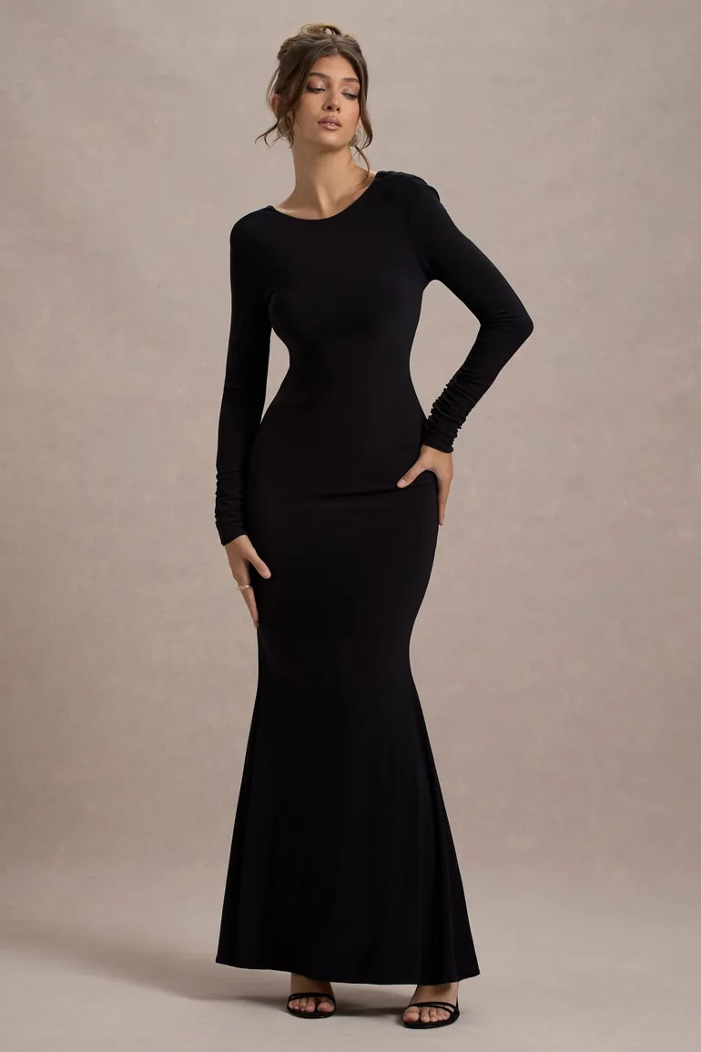 Shop Rosalee | Black Long-Sleeve Cowl-Back Fishtail Maxi Dress With Bows  Online in Saudi Arabia