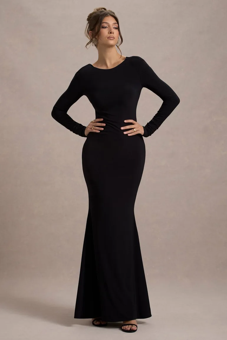 Rosalee | Black Long-Sleeve Cowl-Back Fishtail Maxi Dress With Bows - 3