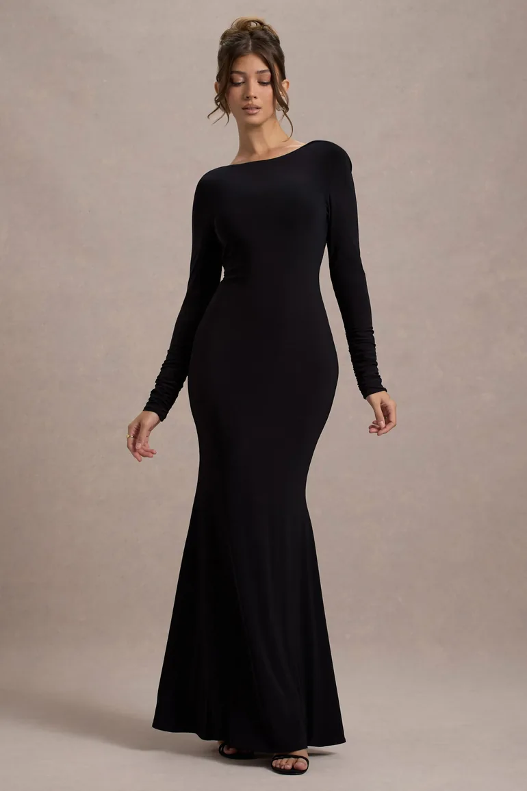 Rosalee | Black Long-Sleeve Cowl-Back Fishtail Maxi Dress With Bows - 2