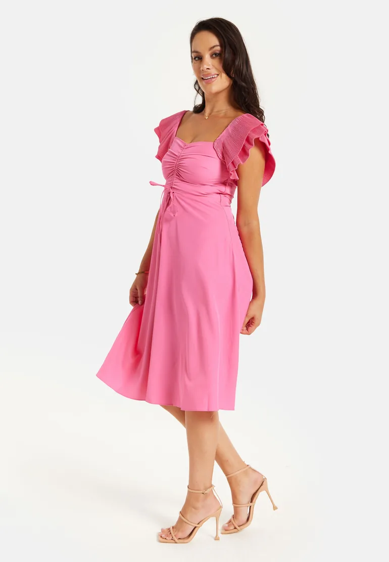 Women's Midi Dress with Frill Sleeves and Ruching Front in Pink . - 3