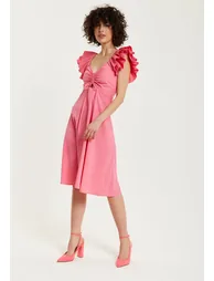 Women's Midi Dress with Frill Sleeves and Ruching Front in Pink . - 11