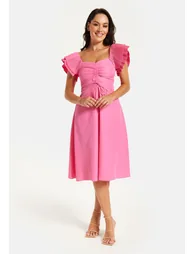Women's Midi Dress with Frill Sleeves and Ruching Front in Pink . - 1