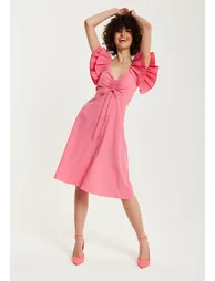 Women's Midi Dress with Frill Sleeves and Ruching Front in Pink . - 8