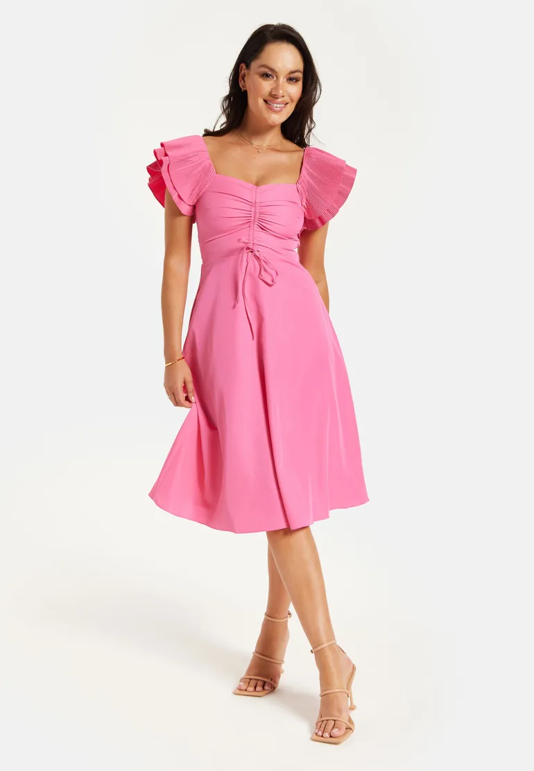 Women's Midi Dress with Frill Sleeves and Ruching Front in Pink .
