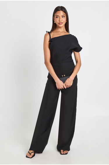 Asymmetric Ruched Wide Leg Jumpsuit - black