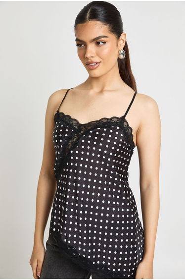 Polka Satin Lace Mix Asymmetric Cami - black