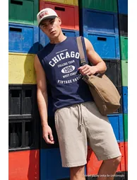 Navy Blue Men's Relaxed/Casual Fit City Printed 100% Cotton Sleeveless T-Shirt/Athlete - 2