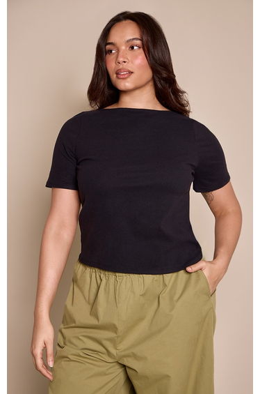 Plus Black Soft Boat Neck Touch T-shirt
