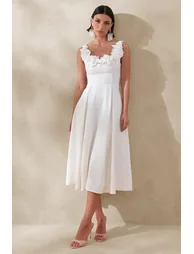 Maelle | White Scoop-Neck Midi Dress With Corsage Detailing - 3